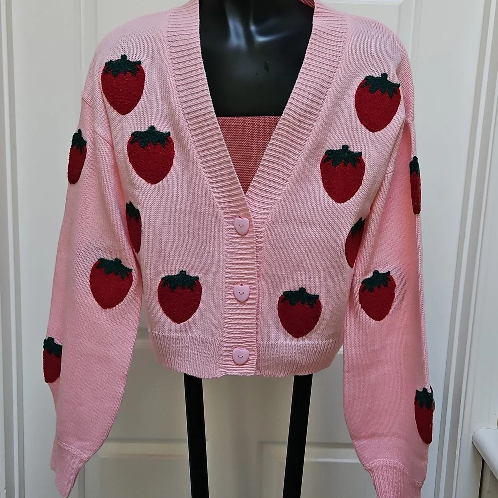 SWEET SOCIETY Pink Strawberry Cardigan Sweater - S